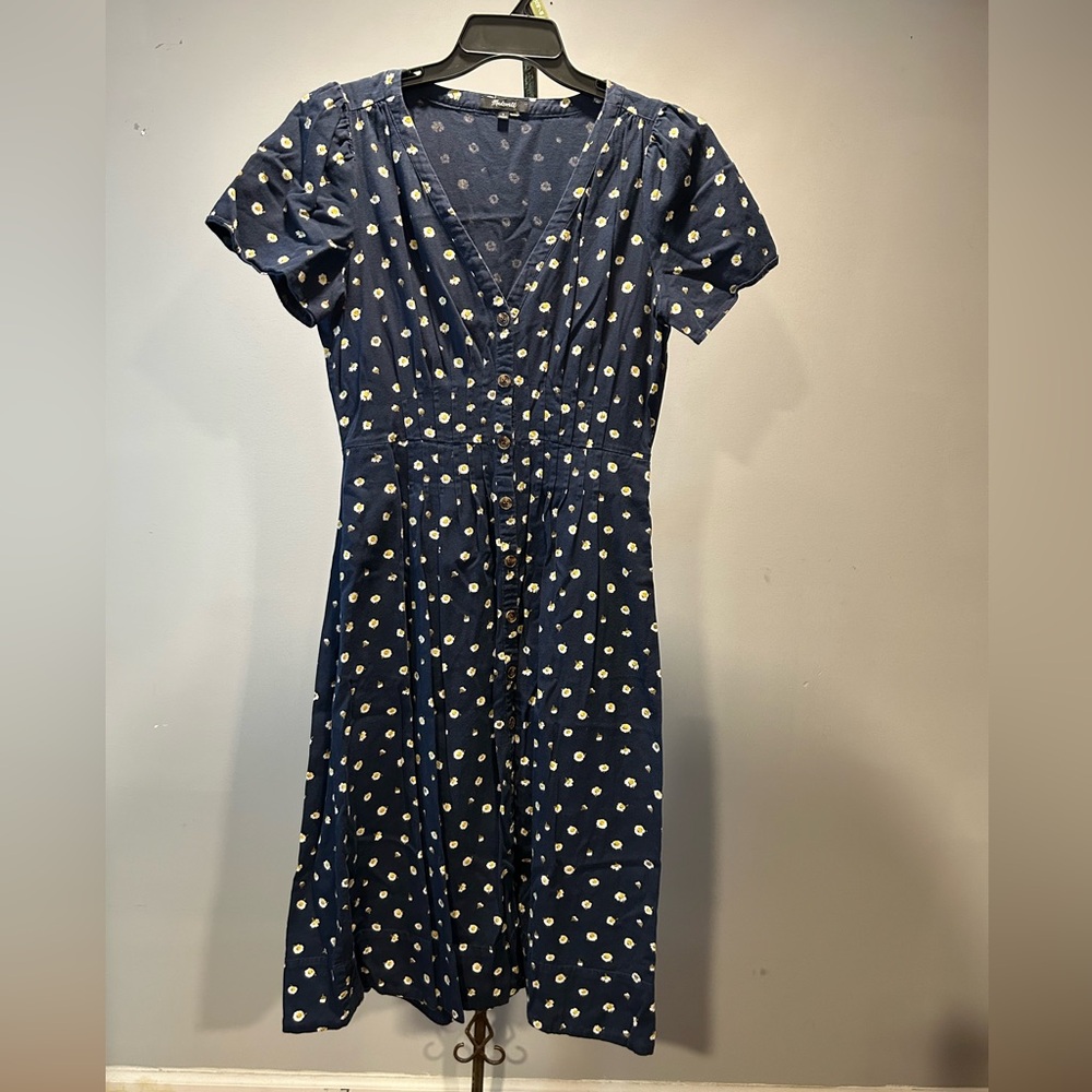 Madewell Blue Puff Sleeve V-Neck Midi Dress